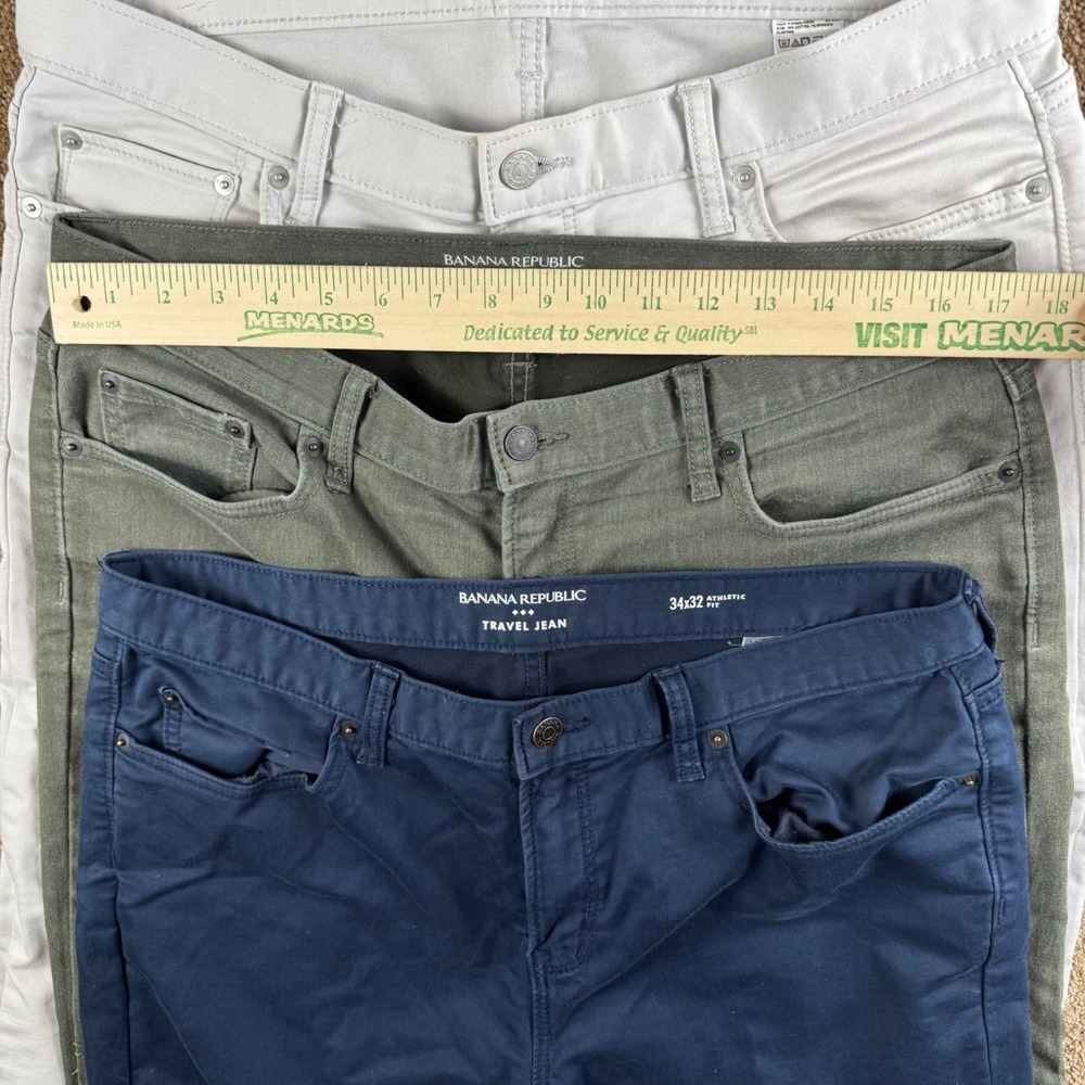 Banana Republic Travel Jean Lot Mens 34x32 Athletic Slim Fit Navy Green Gray 3pk - Picture 6 of 16